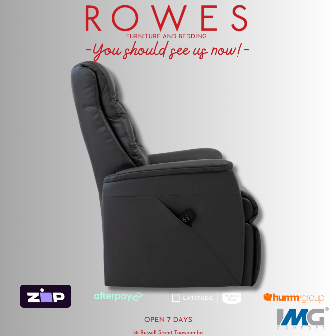 Gray recliner chair with promotional text and logos on a light gray background