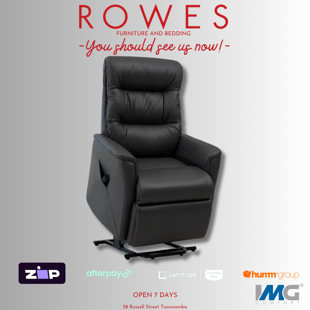 Black recliner chair on a gray background with promotional text and logos.
