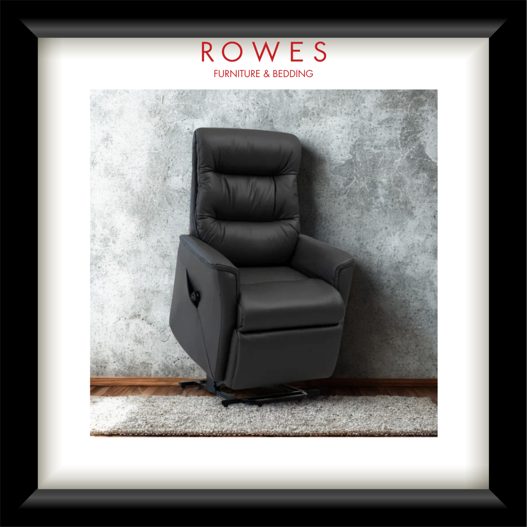 Black recliner chair in a room with 'Rowes Furniture & Bedding' branding.