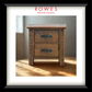 Wooden nightstand with two drawers in a softly lit room, featuring the Rowes Furniture & Bedding logo.