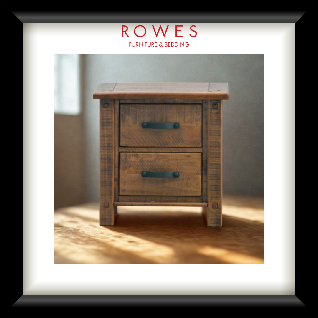 Wooden nightstand with two drawers in a softly lit room, featuring the Rowes Furniture & Bedding logo.
