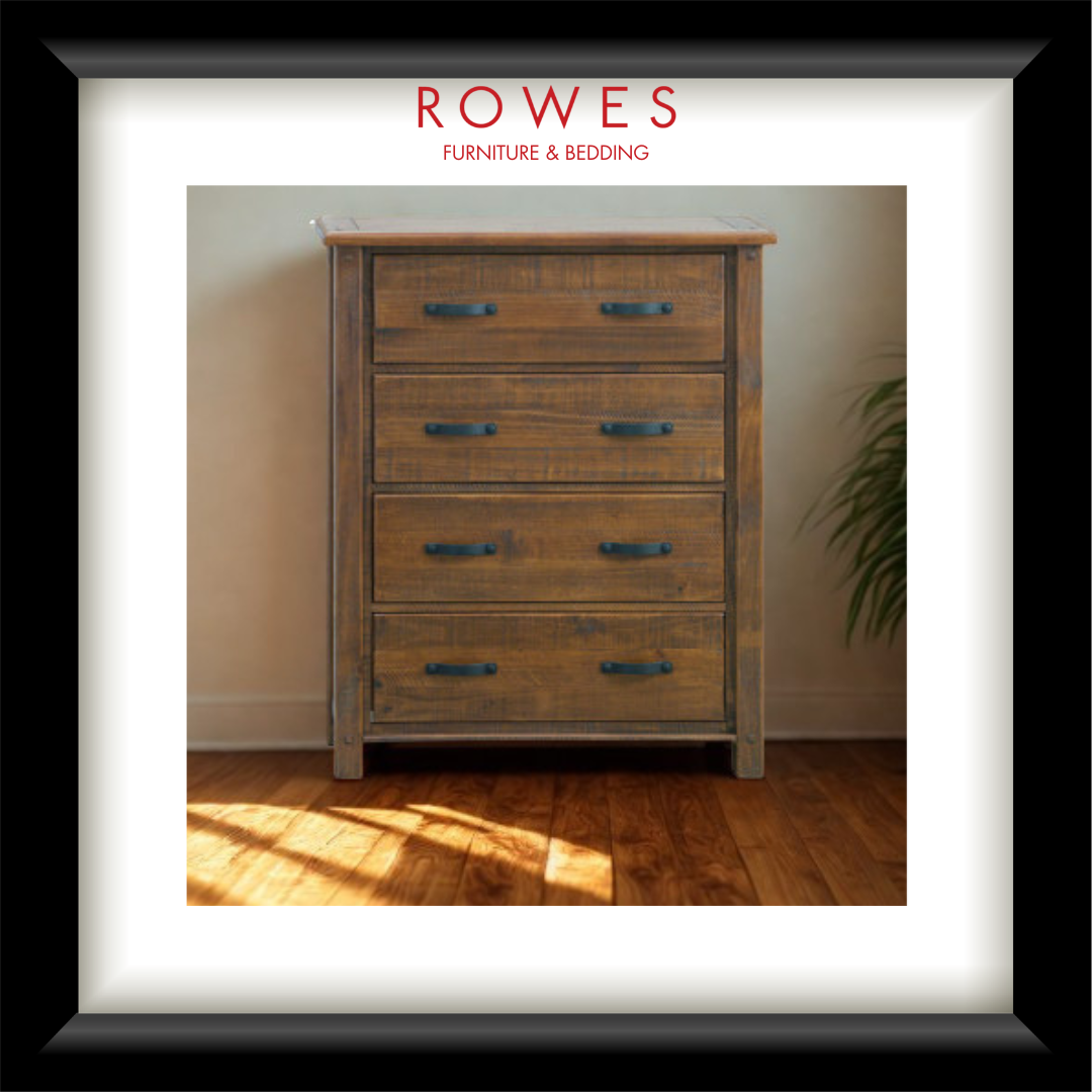 Wooden dresser with 'Rowes Furniture & Bedding' logo on a white background