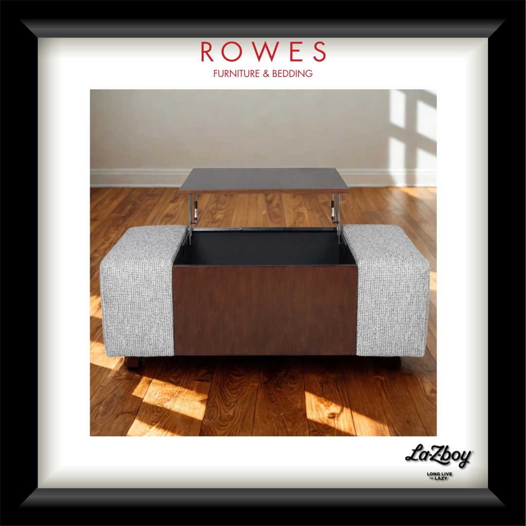 A framed product display showing a Rowes furniture and bedding ottoman with a lift-up coffee table top. The ottoman has light gray textured fabric sides and a dark brown wood-grain front panel.