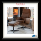 Brown leather armchair with ottoman in front of a fireplace, featuring Rowes Furniture & Bedding logo.