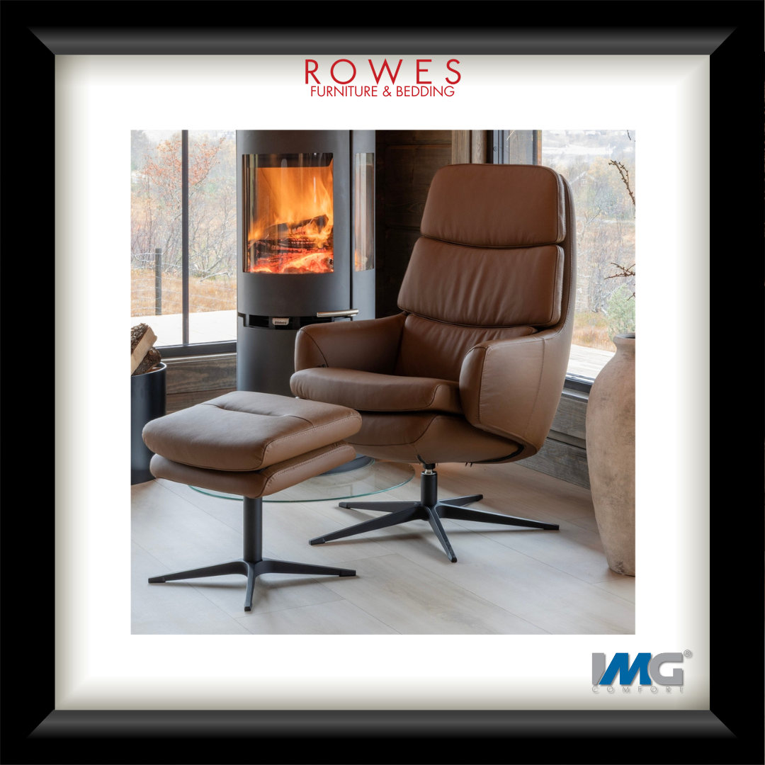 Brown leather armchair with ottoman in front of a fireplace, featuring Rowes Furniture & Bedding logo.