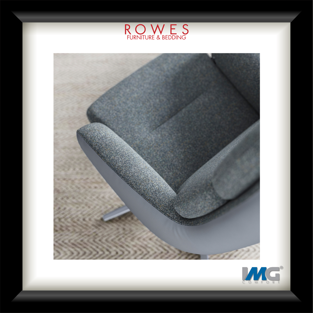 Gray upholstered chair on a textured surface with 'Rowes Furniture & Bedding' branding.