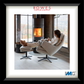Person sitting in a modern chair by a fireplace with 'Rowes Furniture & Bedding' branding.