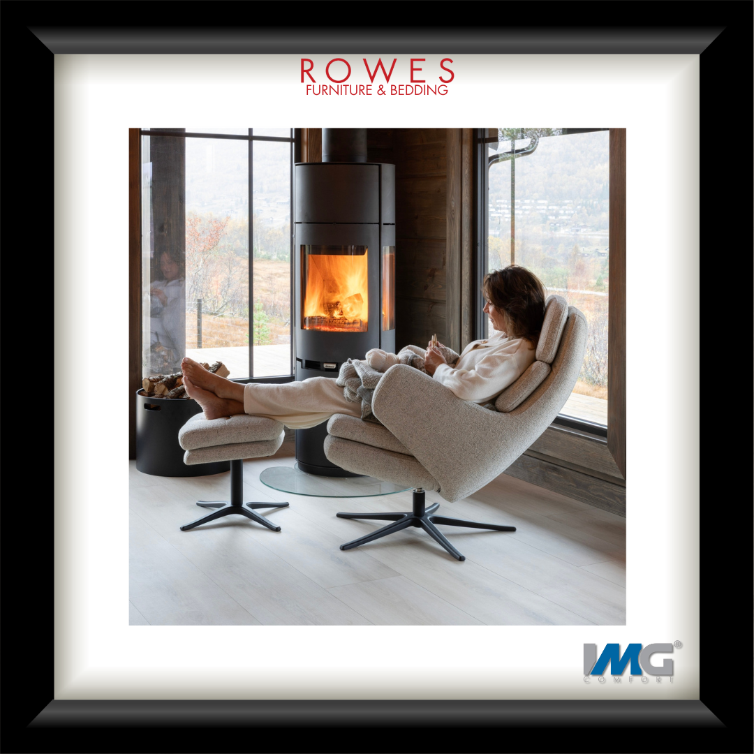 Person sitting in a modern chair by a fireplace with 'Rowes Furniture & Bedding' branding.