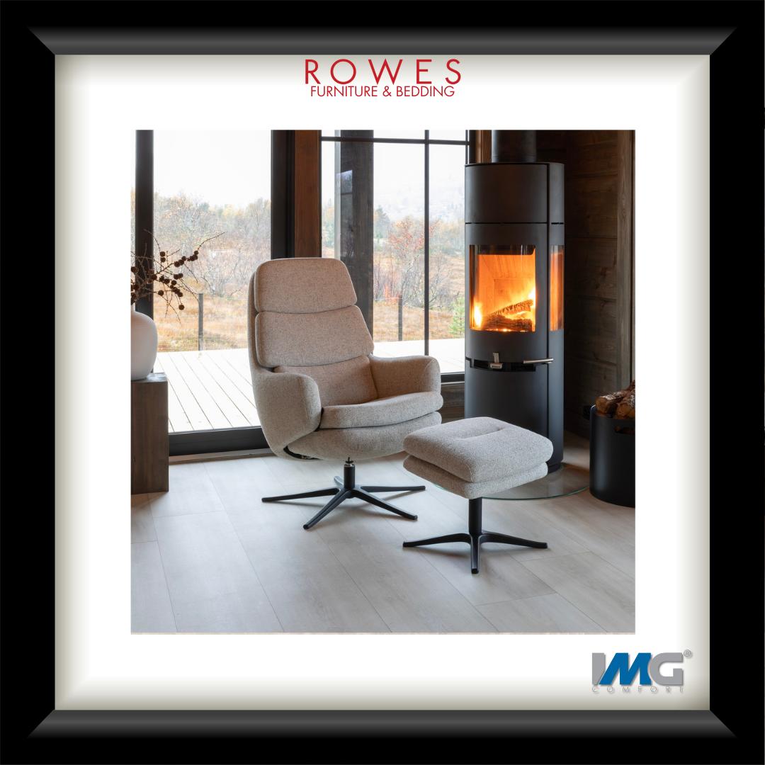 Modern living room with a chair, ottoman, and fireplace, featuring Rowes Furniture & Bedding branding.