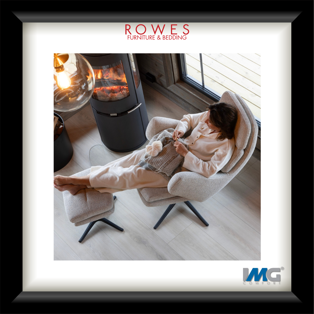 Person sitting by a fire with 'Rowes Furniture & Bedding' and 'MG' branding.