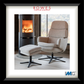 Modern armchair with ottoman in front of a fireplace, featuring Rowes Furniture & Bedding logo.