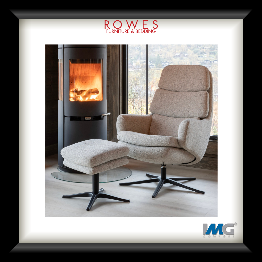 Modern armchair with ottoman in front of a fireplace, featuring Rowes Furniture & Bedding logo.