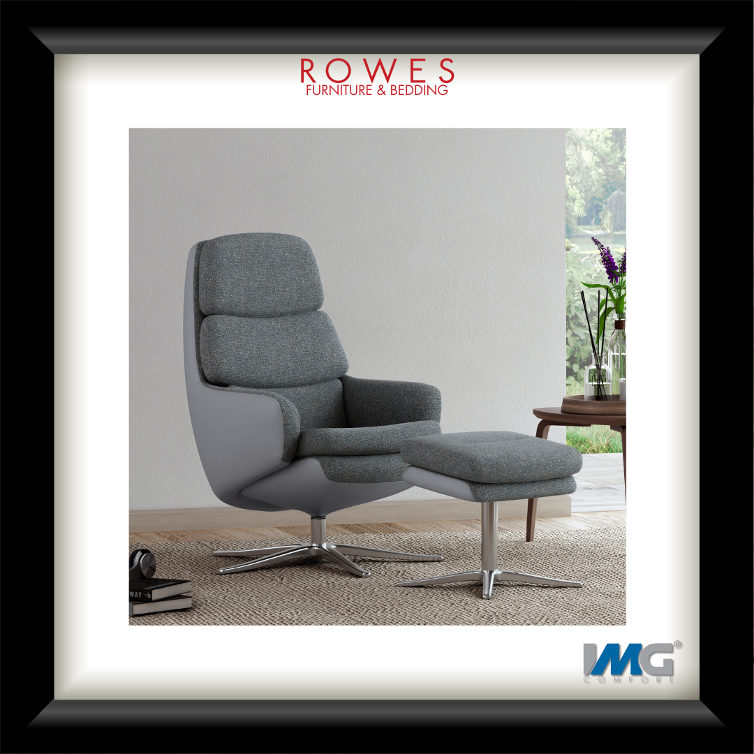 Gray armchair with ottoman in a room setting, featuring Rowes Furniture & Bedding logo.