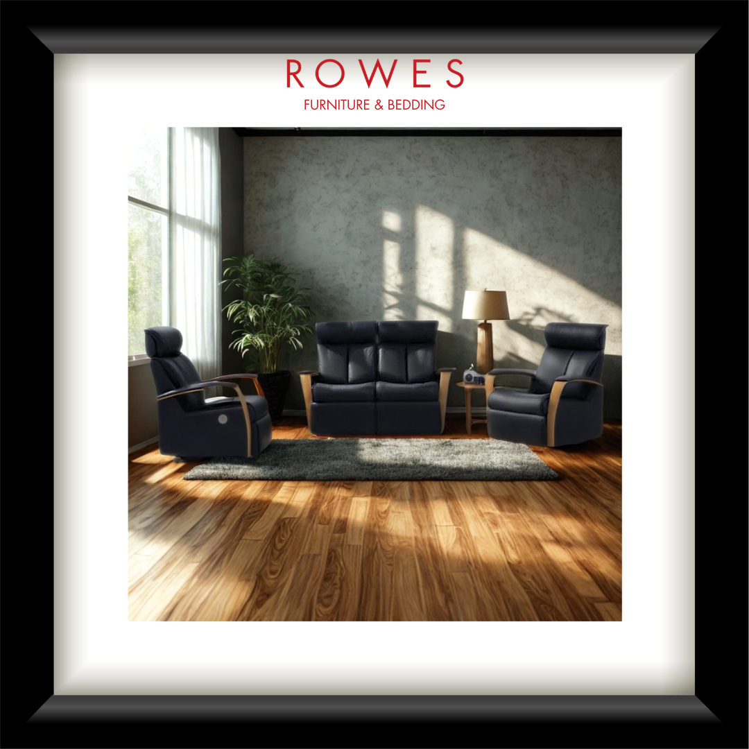Modern living room with black leather furniture and 'Rowes Furniture & Bedding' branding.