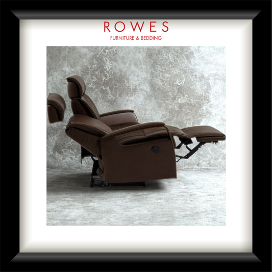 Brown recliner chair against a gray textured wall with 'Rowes Furniture & Bedding' branding.