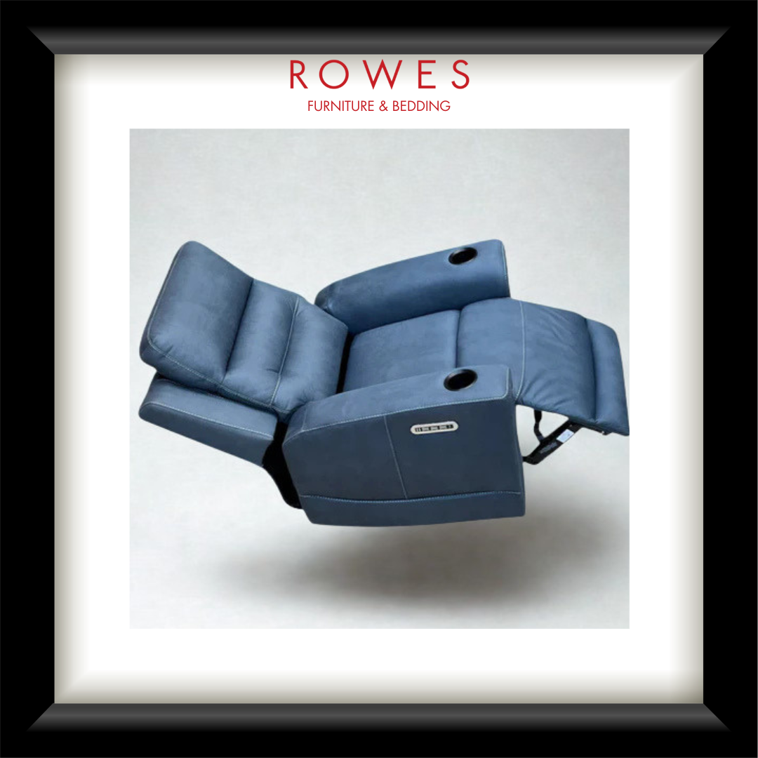 Blue recliner chair with 'Rowes Furniture & Bedding' logo above it on a white background