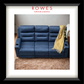 Blue sofa with a yellow blanket on a brown carpet, branded as Rowes Furniture & Bedding.