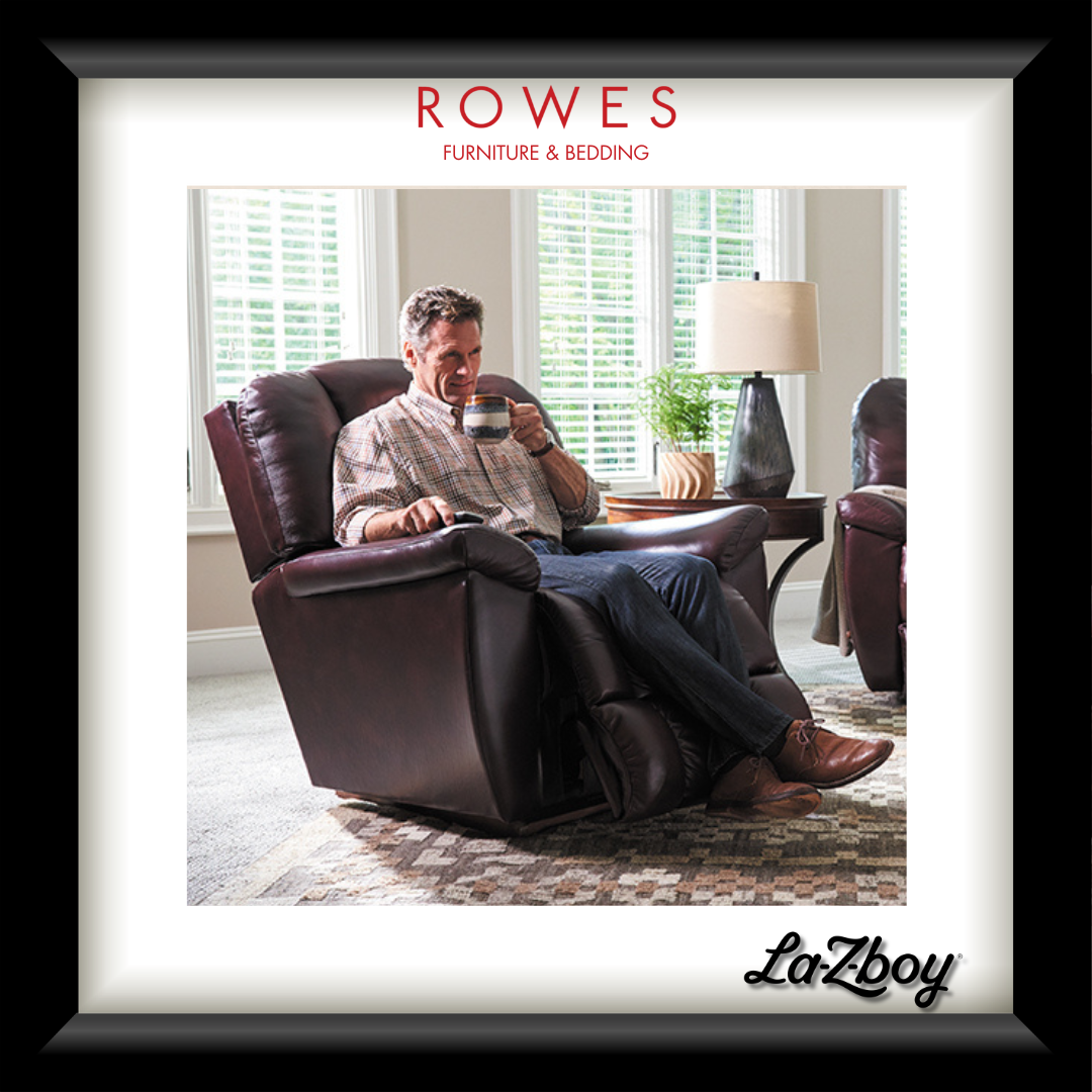 Man sitting in a recliner chair in a living room with 'Rowes Furniture & Bedding' and 'La-Z-Boy' branding.