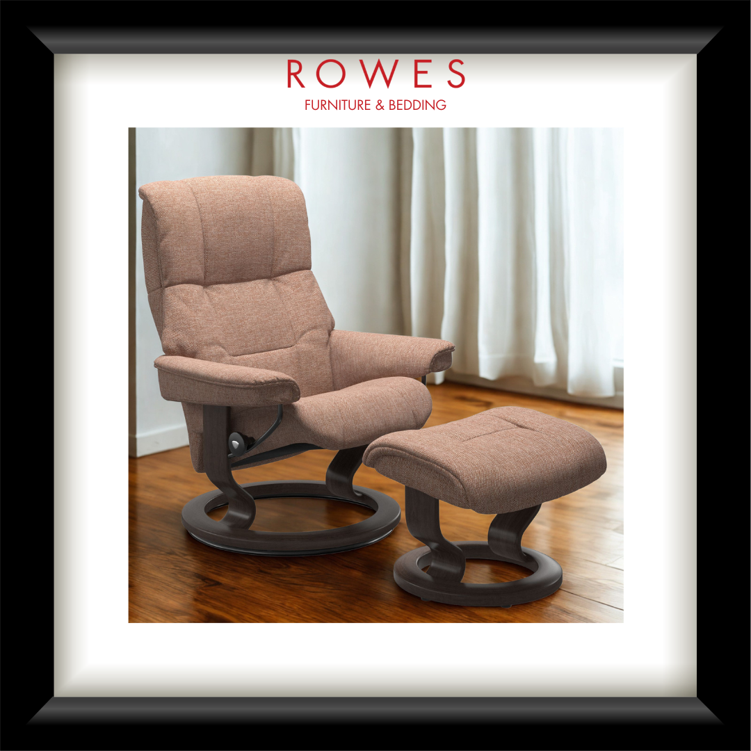 Brown recliner chair with ottoman on a wooden floor, branded 'Rowes'.