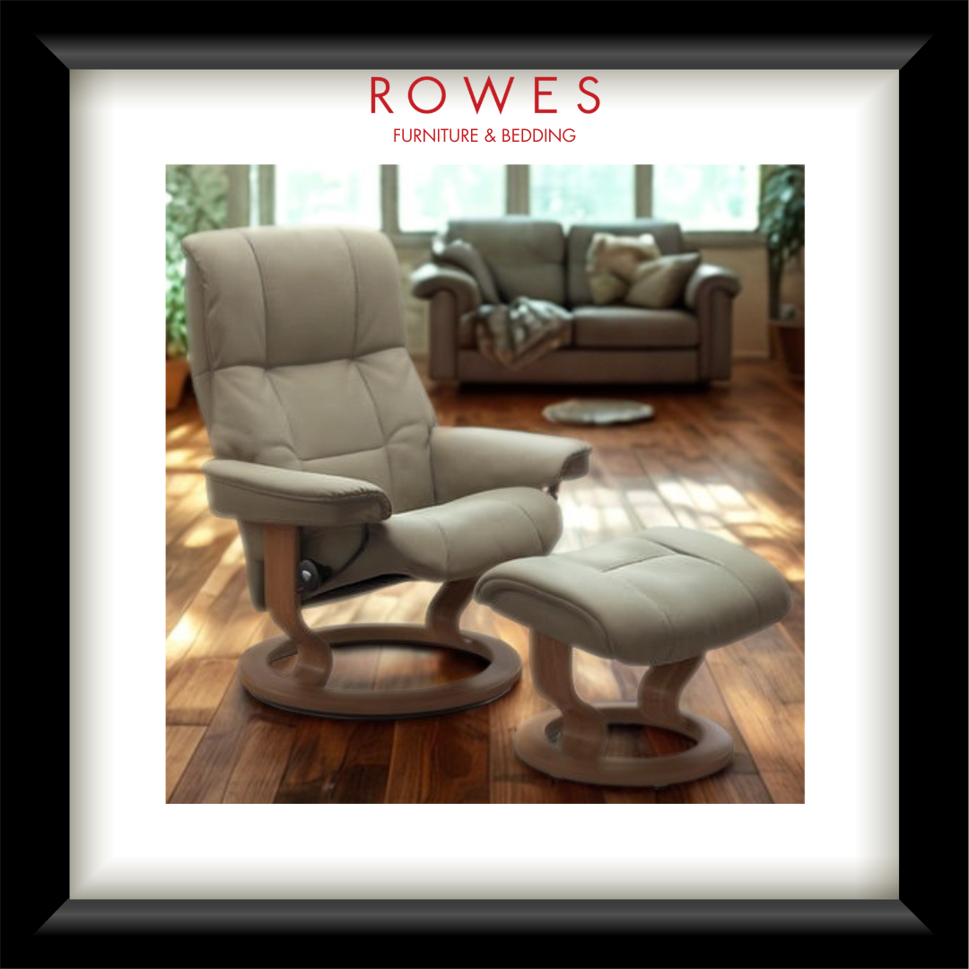 Beige recliner chair and ottoman in a living room setting with 'Rowes Furniture & Bedding' branding.