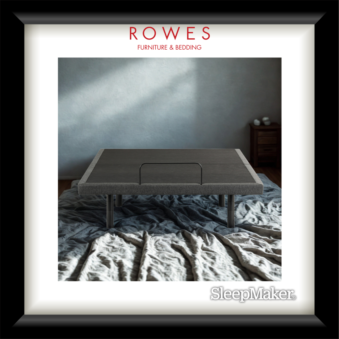 Furniture and bedding set with 'Rowes' branding in a minimalistic room.