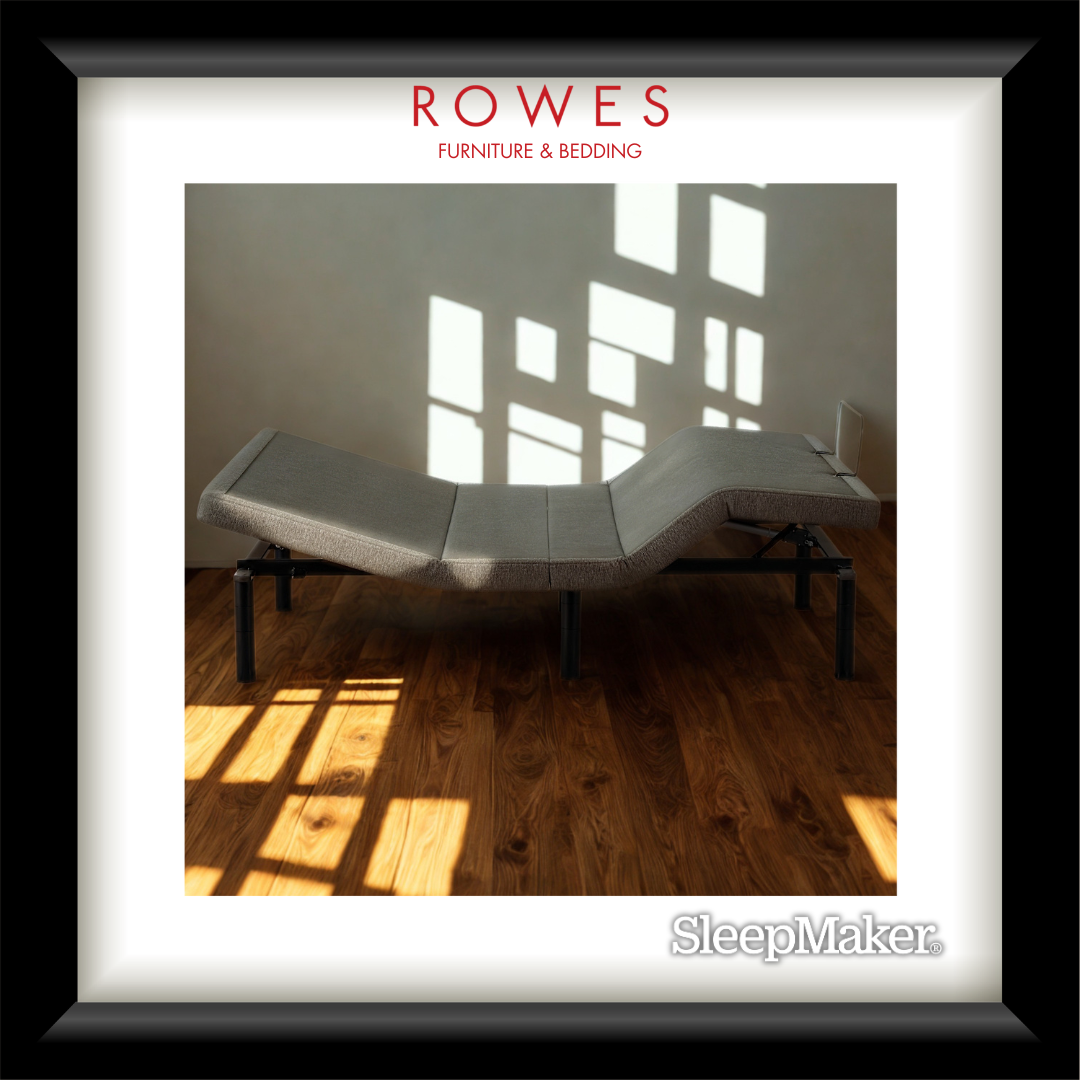 Bed with sunlight streaming through a window, branded as 'Rowes Furniture & Bedding' and 'SleepMaker'.