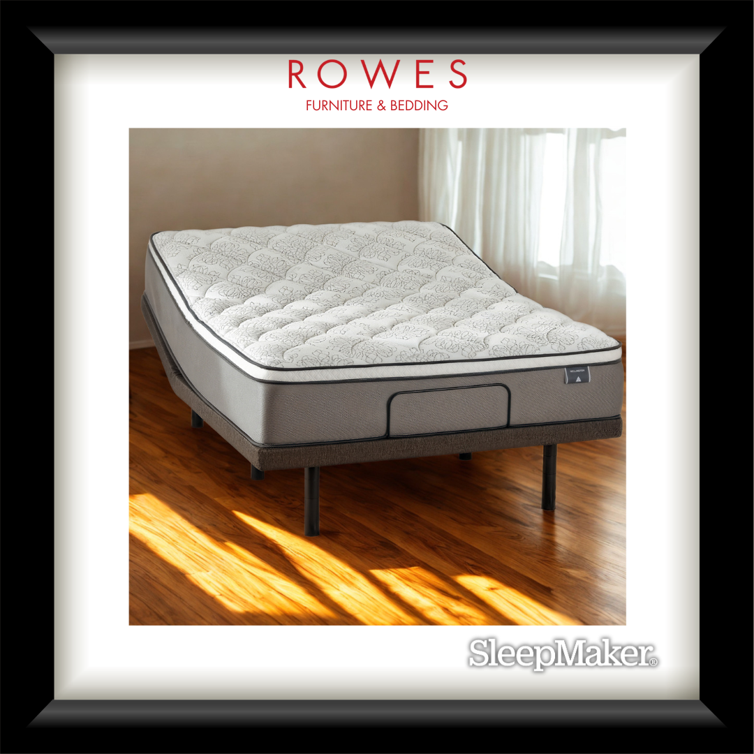 Mattress on a wooden floor with 'Rowes Furniture & Bedding' branding.