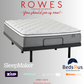 Gray mattress on a stand with 'Rowes Furniture and Bedding' text and logos.