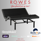Black adjustable bed with promotional text and logos on a gray background