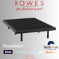 Black bed frame with promotional text and logos on a gray background