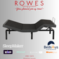 Adjustable bed with promotional text and logos on a gray background