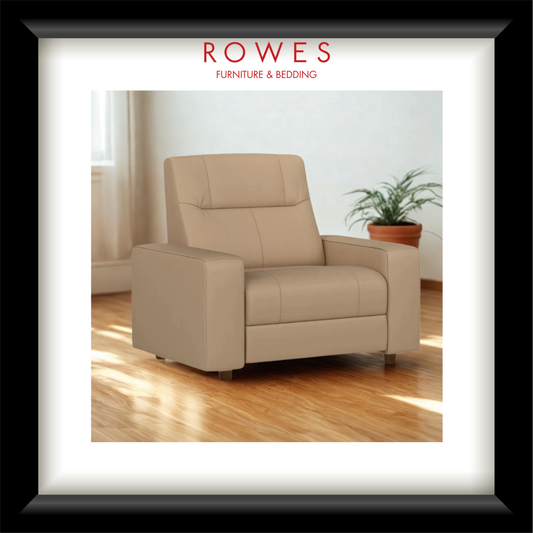 Beige recliner chair in a room with a plant, framed by a black border with 'Rowes Furniture & Bedding' logo.
