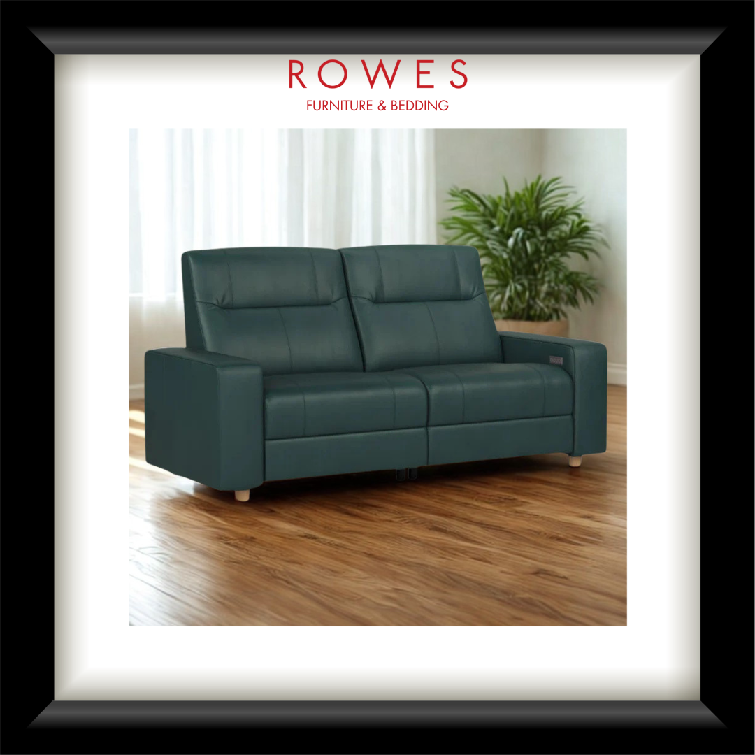 Green leather sofa in a room with a plant and white curtains, branded as Rowes Furniture & Bedding.