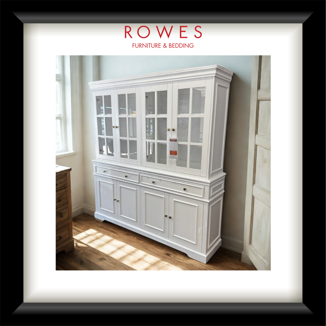 A white buffet and hutch in a comfortable room with a timber floor and Rowes branding