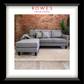 Gray sofa with a matching ottoman against a brick wall, featuring 'Rowes Furniture & Bedding' branding.