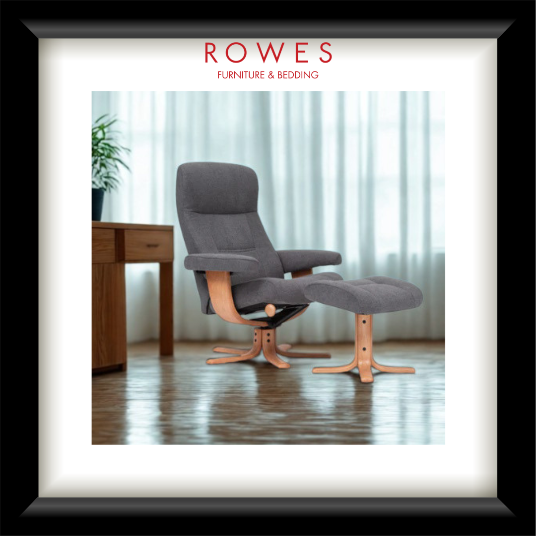 Gray recliner chair with ottoman in a room setting, featuring Rowes Furniture & Bedding logo.