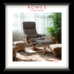 Gray armchair with ottoman in a room with plants and sunlight, featuring 'Rowes Furniture & Bedding' logo.