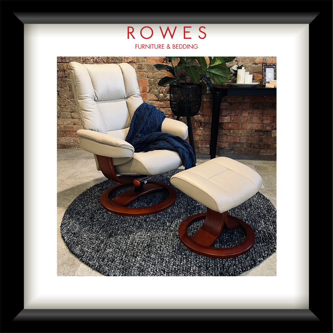White recliner chair with ottoman on a rug, with 'Rowes Furniture & Bedding' logo above.