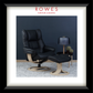Black leather recliner chair with ottoman against a dark blue wall, branded 'Rowes'.