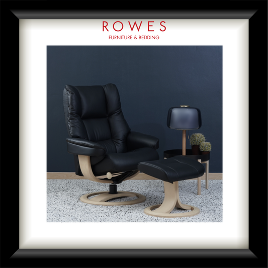 Black leather recliner chair with ottoman against a dark blue wall, branded 'Rowes'.