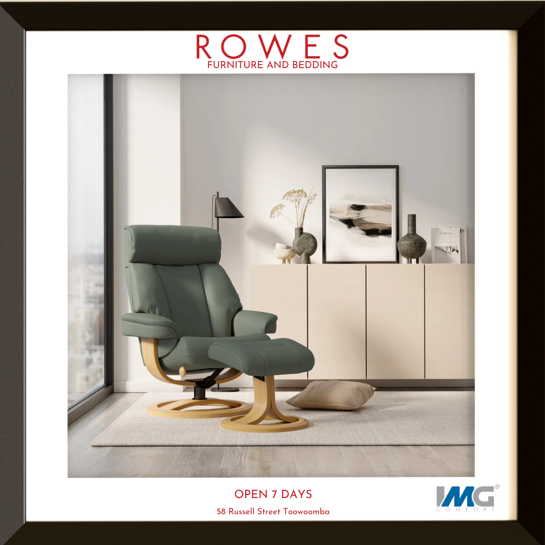 Modern living room with a green armchair and white walls, featuring ROWES Furniture and Bedding branding.