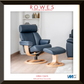 Blue recliner chair with ottoman in a room setting, featuring ROWES Furniture and Bedding branding.