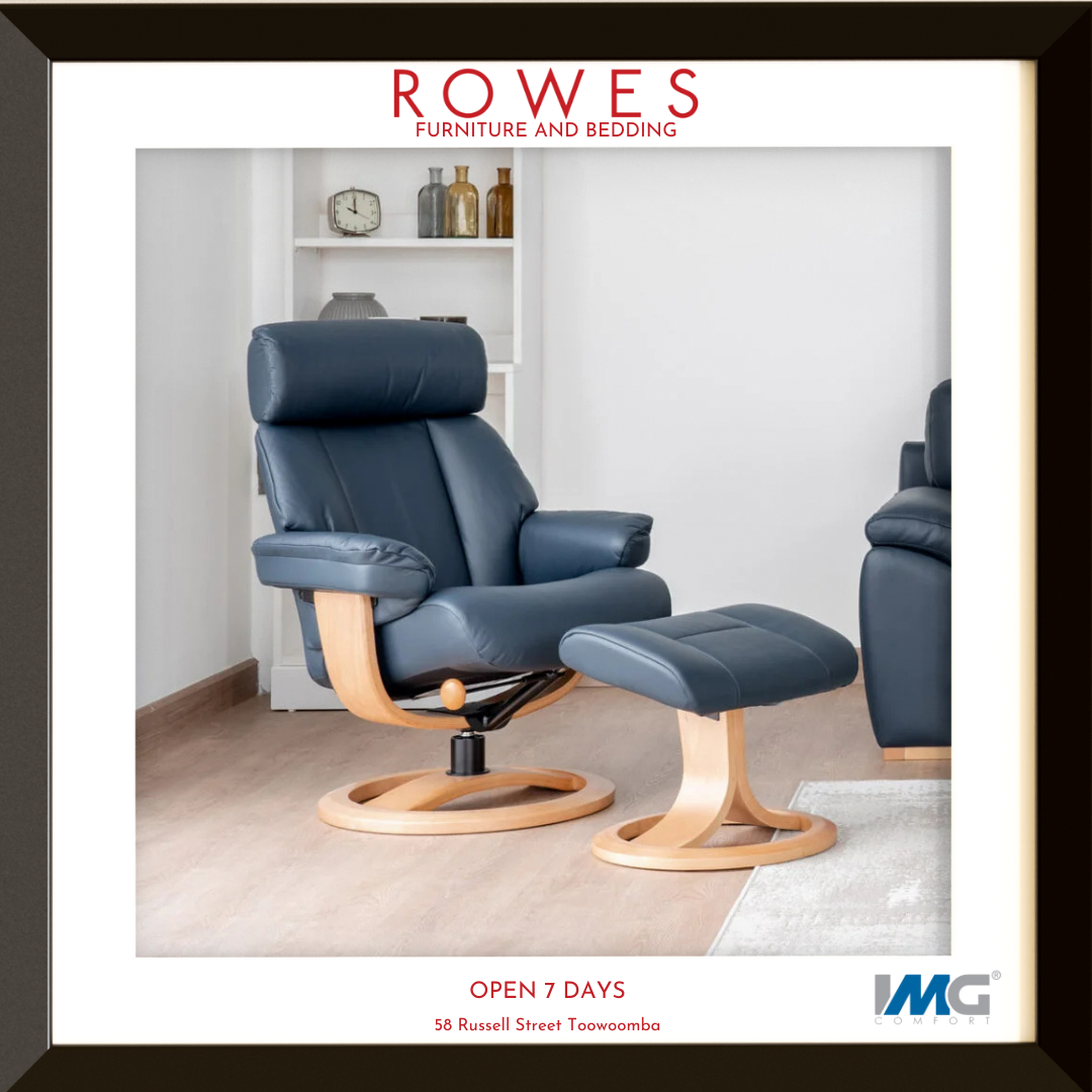 Blue recliner chair with ottoman in a room setting, featuring ROWES Furniture and Bedding branding.