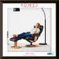 Woman relaxing in a modern recliner chair with 'Rowes Furniture and Bedding' branding.