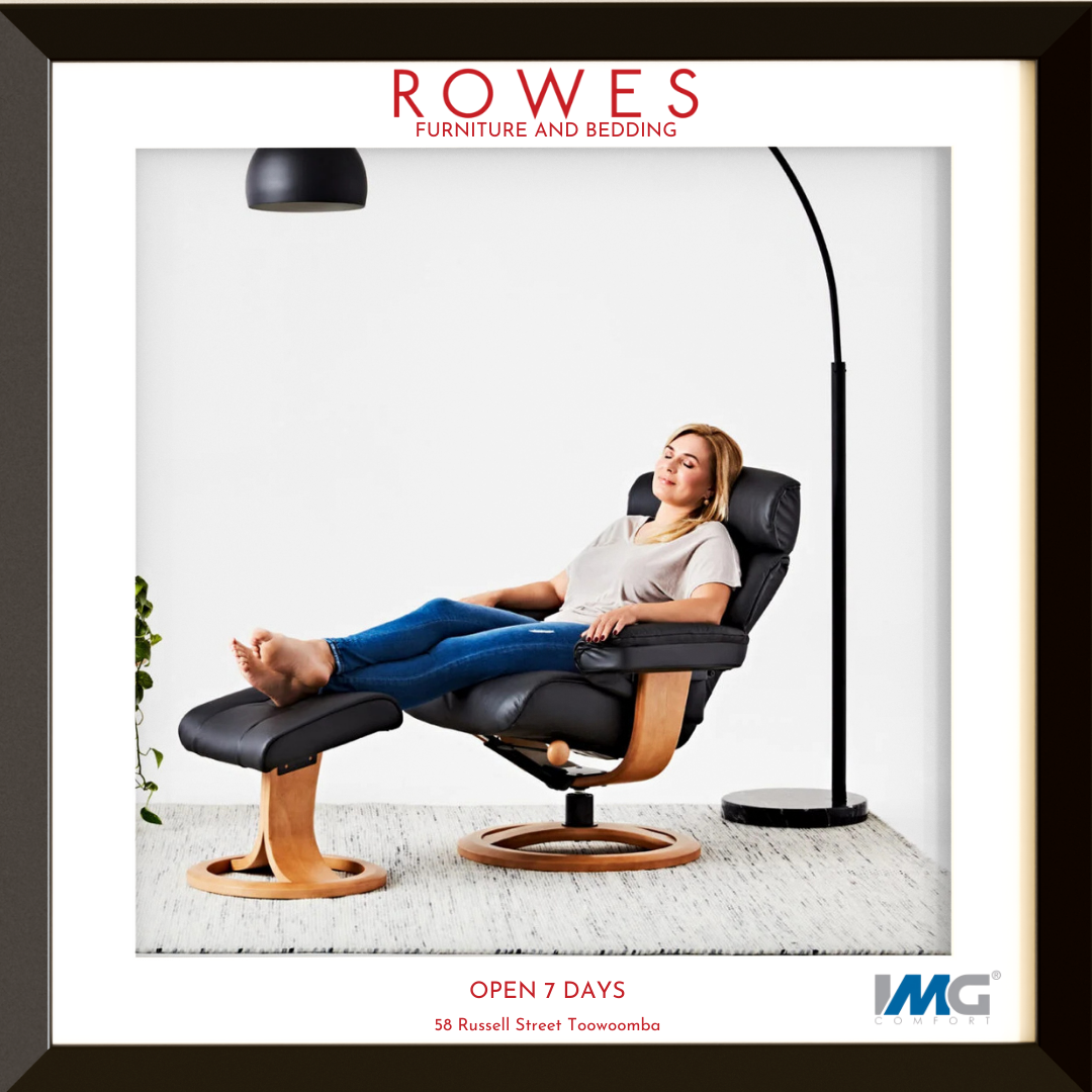 Woman relaxing in a modern recliner chair with 'Rowes Furniture and Bedding' branding.