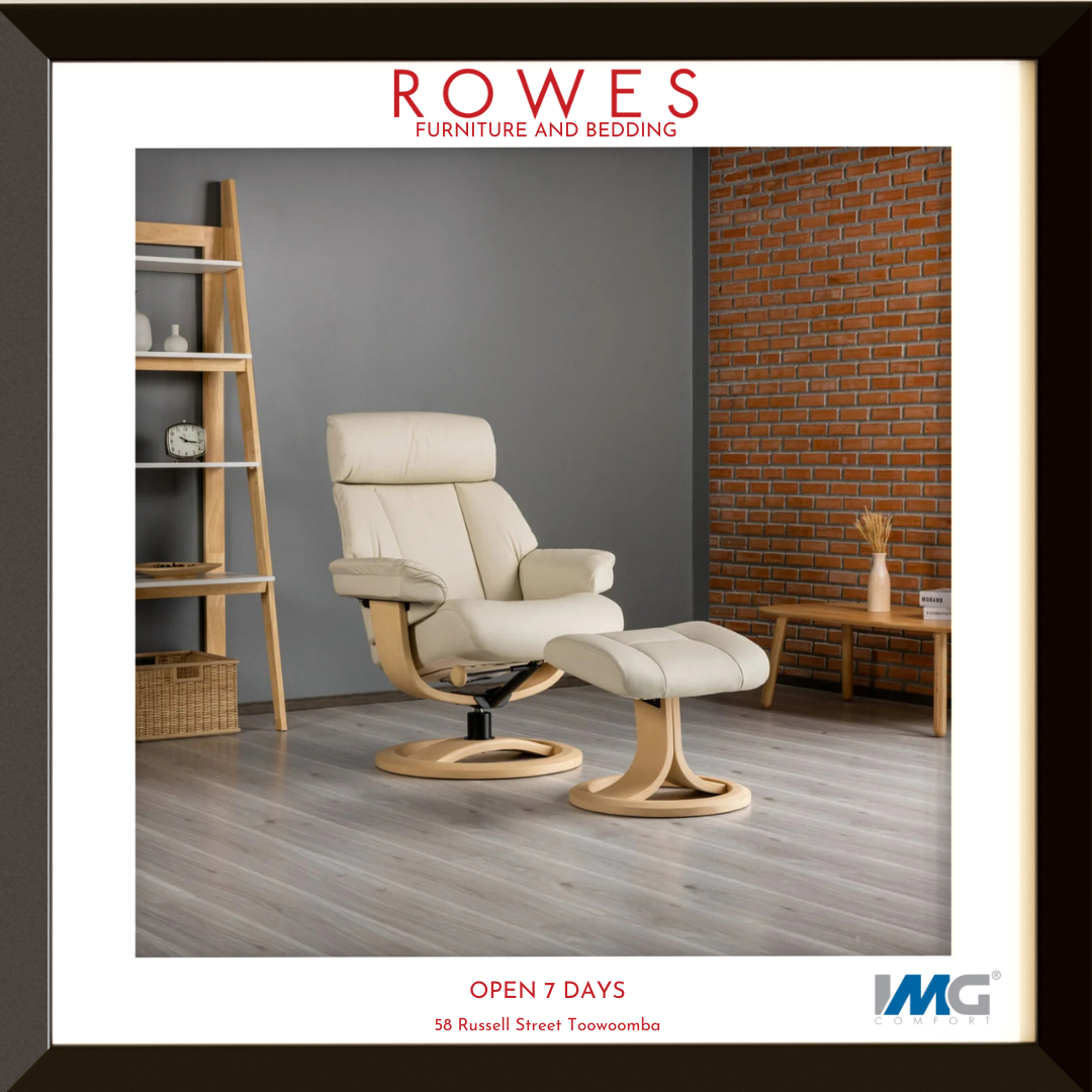 Beige recliner chair with ottoman in a room with a bookshelf and brick wall, featuring ROWES Furniture and Bedding branding.