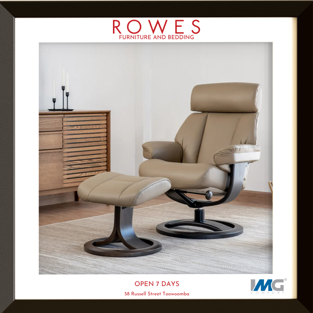 Beige recliner chair with ottoman in a room setting, featuring Rowes Furniture and Bedding branding.