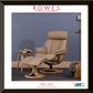 Beige recliner chair with ottoman in a room setting, featuring Rowes Furniture and Bedding branding.