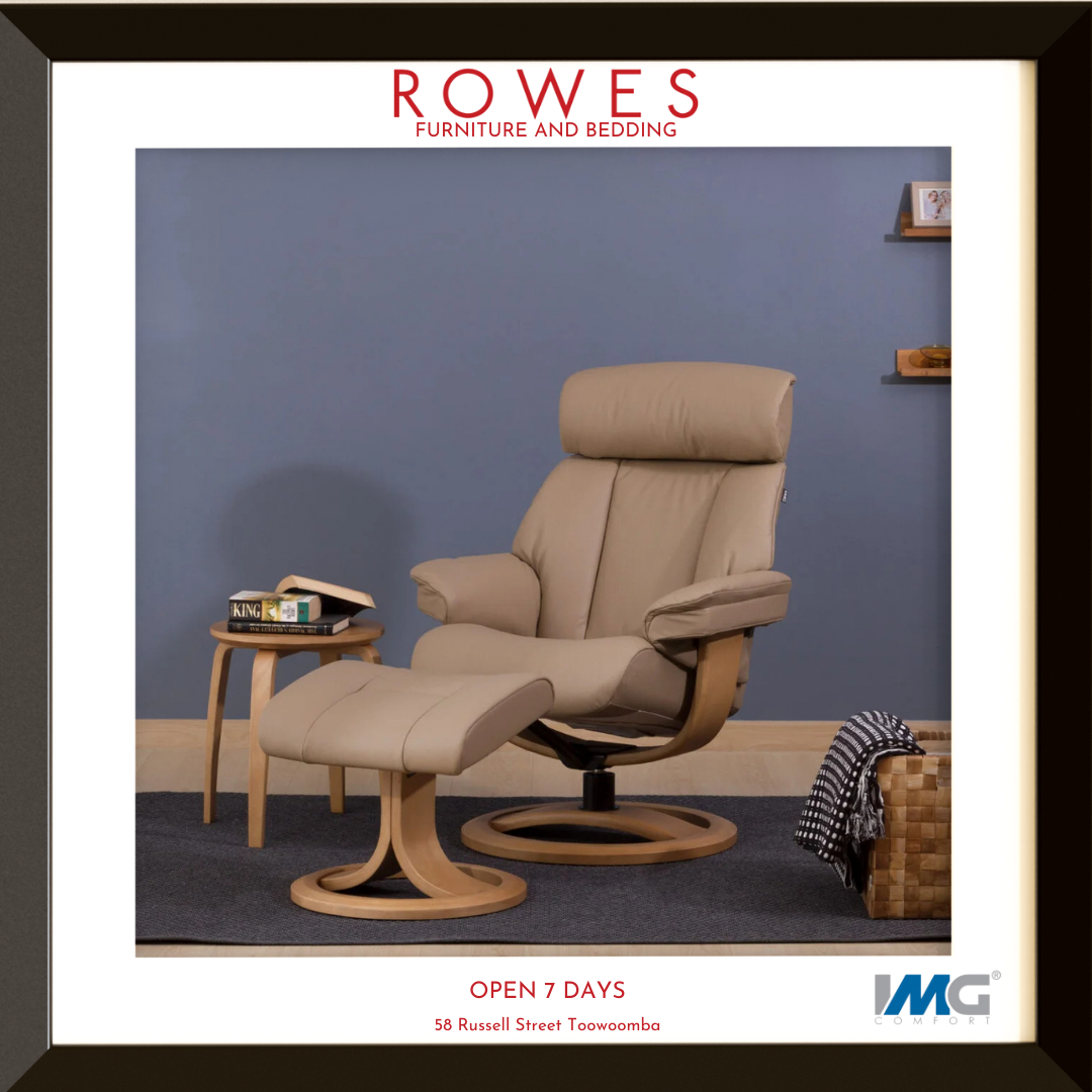 Beige recliner chair with ottoman in a room setting, featuring Rowes Furniture and Bedding branding.