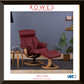 Red recliner chair with ottoman in a room setting, featuring ROWES Furniture and Bedding branding.